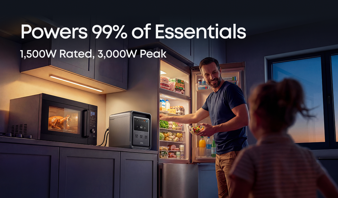 Anker Portable Power Station sits on the kitchen counter next to a microwave, while a man holding food stands by an open refrigerator facing a child. Text reads: "Powers 99% of Essentials, 1,500W Rated, 3,000W Peak.