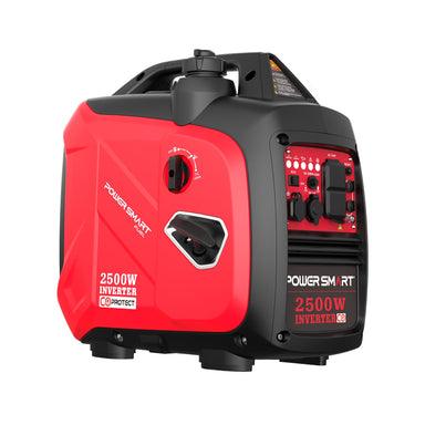 The PowerSmart red and black portable generator features 2500W capacity, quiet operation, a control panel with multiple outlets, a top carrying handle, and a visible CO Protect label—ideal for camping.