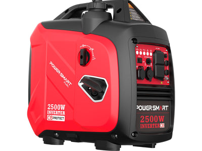 The PowerSmart red and black portable generator features 2500W capacity, quiet operation, a control panel with multiple outlets, a top carrying handle, and a visible CO Protect label—ideal for camping.