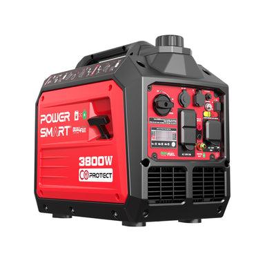 The PowerSmart red and black Dual Fuel Inverter Generator (3800W CO Protect) offers outlets, switches, and indicator lights on its control panel. This quiet model features a convenient top carrying handle for easy transport.