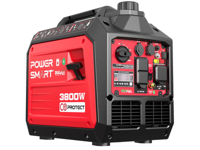 The PowerSmart red and black Dual Fuel Inverter Generator (3800W CO Protect) offers outlets, switches, and indicator lights on its control panel. This quiet model features a convenient top carrying handle for easy transport.