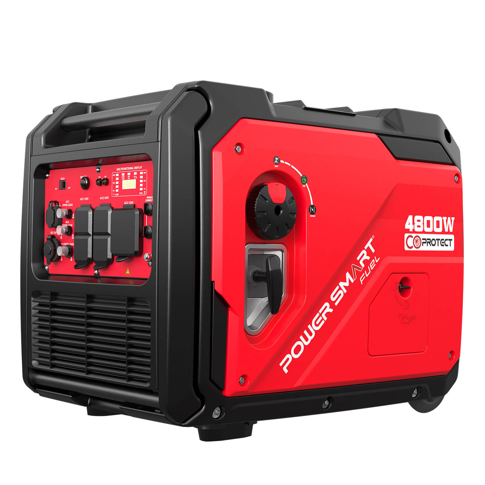 A red and black PowerSmart portable generator labeled "4800W CO Protect," features control panels, ventilation grilles, and a carrying handle—ideal as a backup power solution for emergencies.