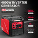 The PowerSmart red and black generator features 4800W surge/3800W rated power, carbon monoxide shutdown, 10-hour runtime at 50% load, multiple outlets, quiet portable operation, and is parallel-ready.