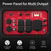 A close-up of a red PowerSmart power panel labeled "Power Panel for Multi Output" on a portable generator, featuring AC/DC outlets, digital display, control switches, USB ports, and icons—perfect for reliable backup power needs.