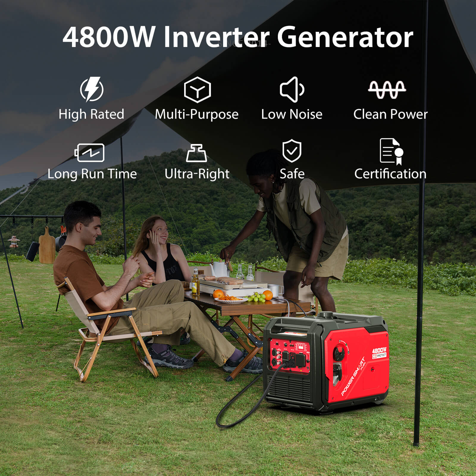 Three people sit outdoors by a red PowerSmart inverter generator on grass. Feature icons highlight its benefits: low noise, high rating, and long run time—making it ideal for reliable backup power.