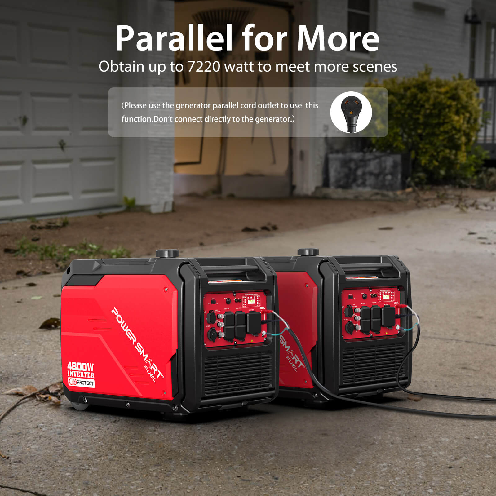 Two red PowerSmart portable generators are set up on a driveway outside a garage and connected with cables. These quiet inverter generators deliver up to 7,220 watts of backup power together when used in parallel.