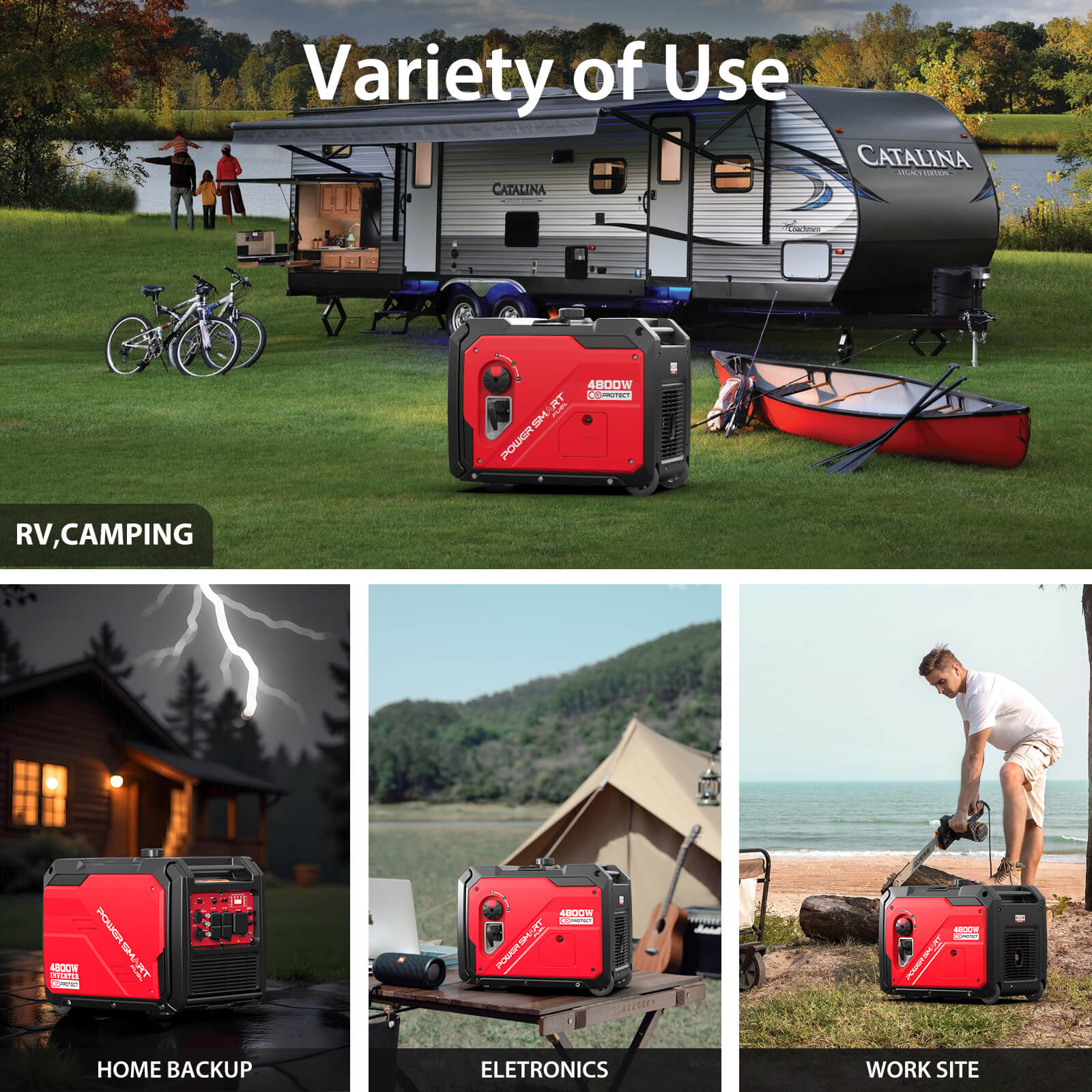A collage shows a red and black PowerSmart quiet portable generator in various settings: beside an RV by a lake, outside a house, at a campsite, and on a construction site powering a saw.