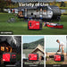 A collage shows a red and black PowerSmart quiet portable generator in various settings: beside an RV by a lake, outside a house, at a campsite, and on a construction site powering a saw.