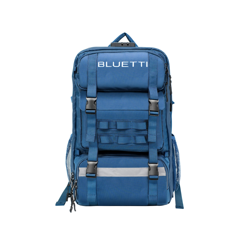 A blue Bluetti backpack featuring multiple compartments, black buckles, mesh side pockets, and the brand name “BLUETTI” printed in white on the top front section, set against a plain white background.