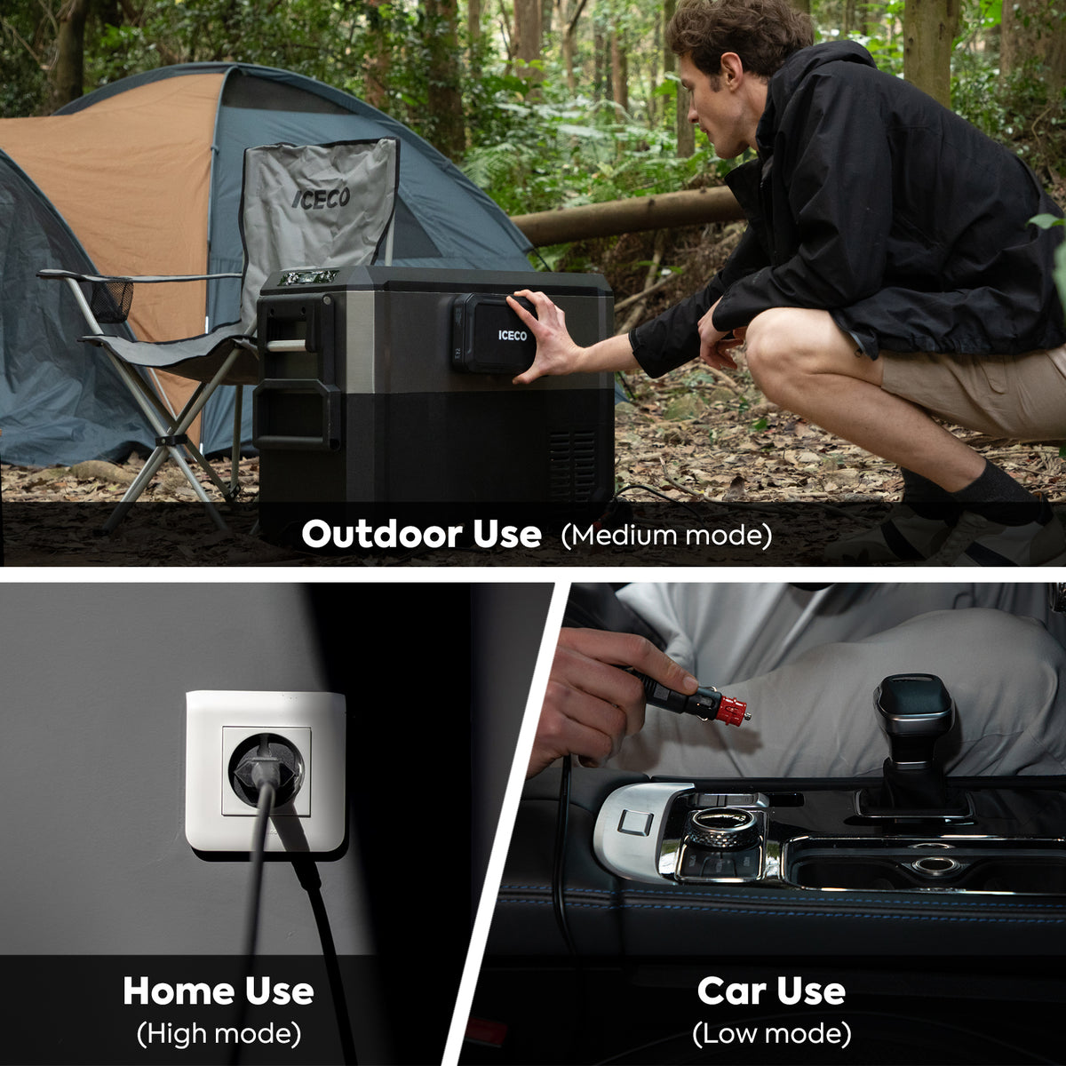 A person crouches near an ICECO Wholesale JP40 Prod cooler outdoors by a tent. Images show the cooler plugged into a wall outlet for "Home Use (High mode)" and a car charging outlet for "Car Use (Low mode)." The SECOP compressor provides efficient dual zone cooling, ideal for outdoor use.