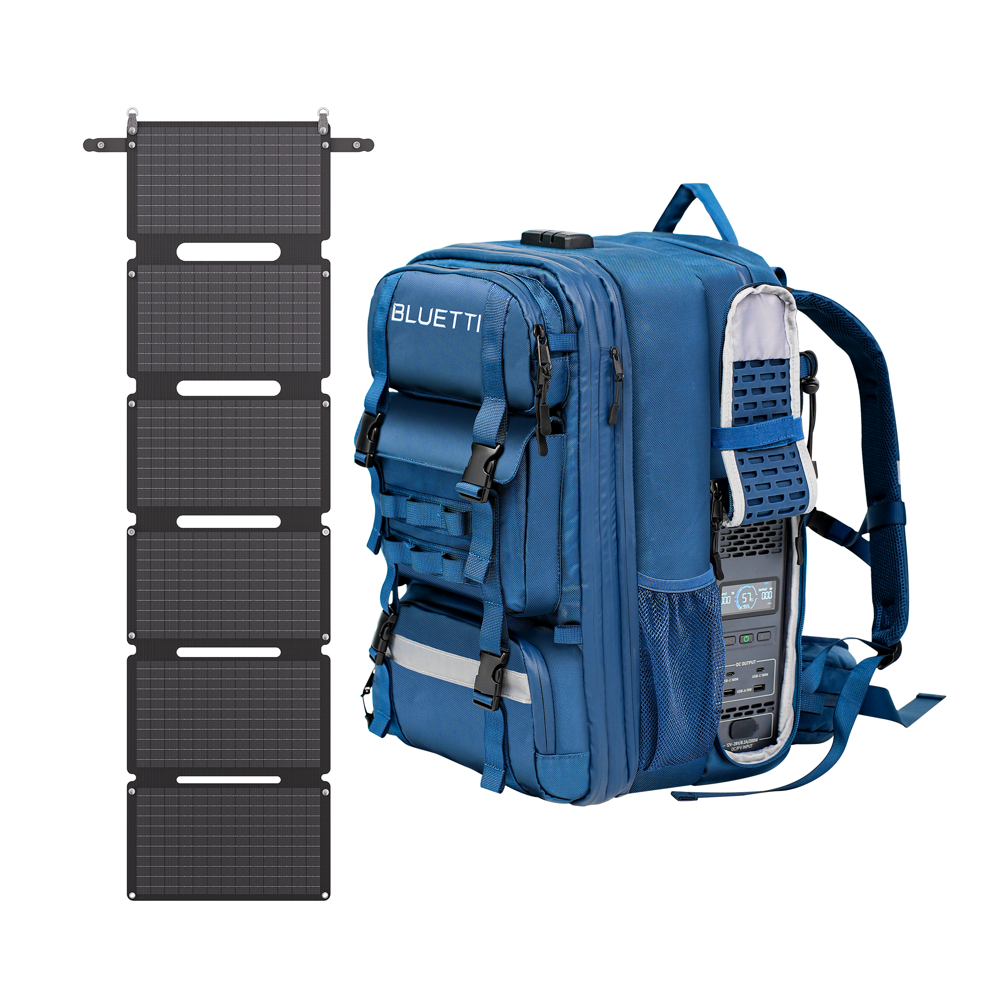 A blue backpack with multiple pockets and a visible electronic device inside is shown next to a Bluetti foldable black solar panel featuring six segments, laid out vertically on a light background.