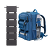 A blue backpack with multiple pockets and a visible electronic device inside is shown next to a Bluetti foldable black solar panel featuring six segments, laid out vertically on a light background.