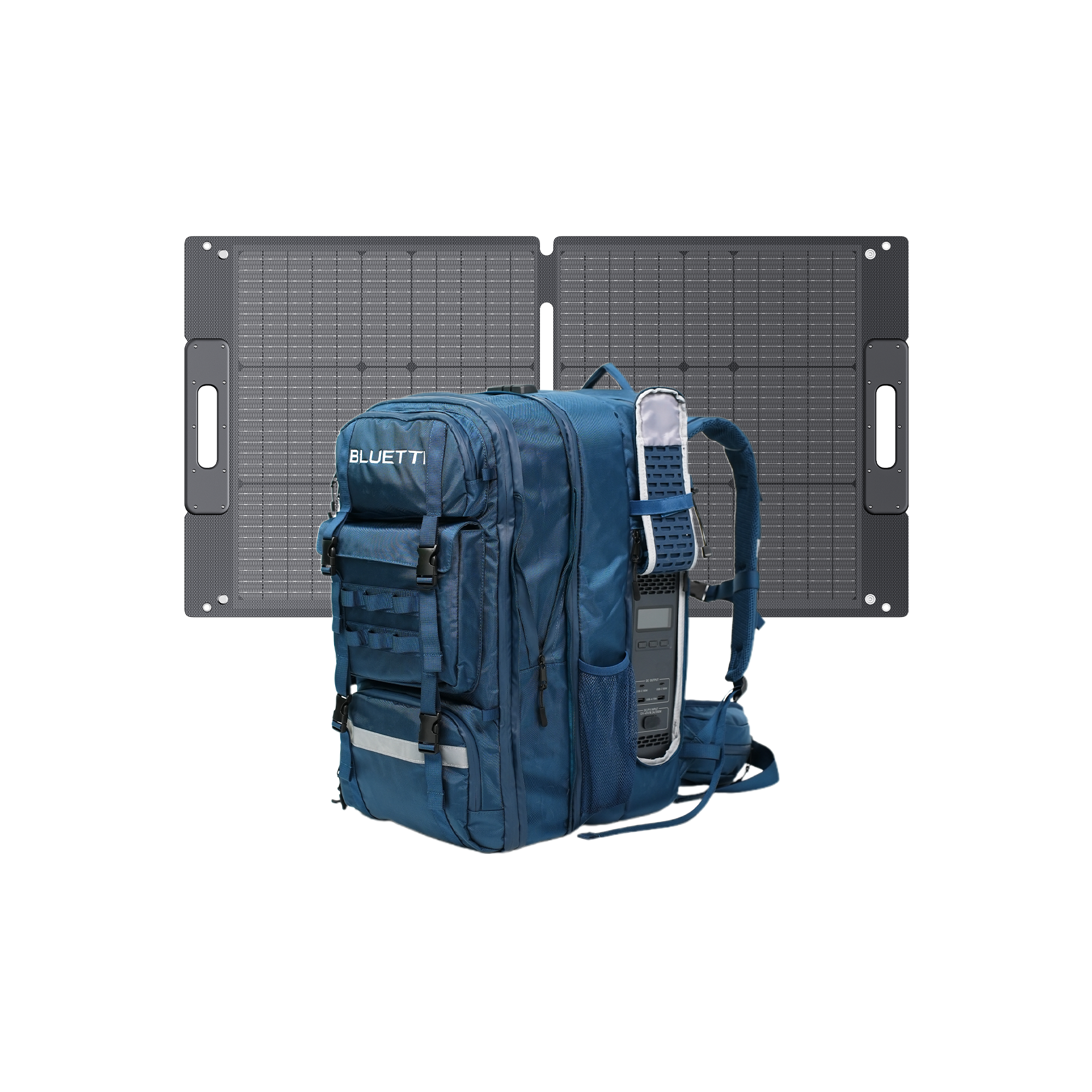 A blue Bluetti backpack with multiple zippered compartments and MOLLE webbing stands in front of a foldable black Bluetti solar panel featuring integrated handles on each side. A portable device is attached to the backpack’s strap.