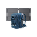 A blue Bluetti backpack with multiple zippered compartments and MOLLE webbing stands in front of a foldable black Bluetti solar panel featuring integrated handles on each side. A portable device is attached to the backpack’s strap.