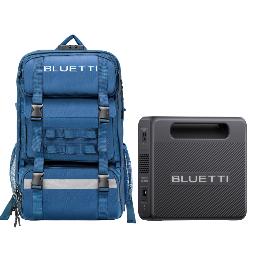 A blue Bluetti-branded backpack stands upright beside a black Bluetti portable power station, both set against a plain white background.