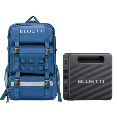 A blue Bluetti backpack stands next to a black Bluetti portable power station against a plain white background.
