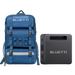 A blue Bluetti backpack stands next to a black Bluetti portable power station against a plain white background.