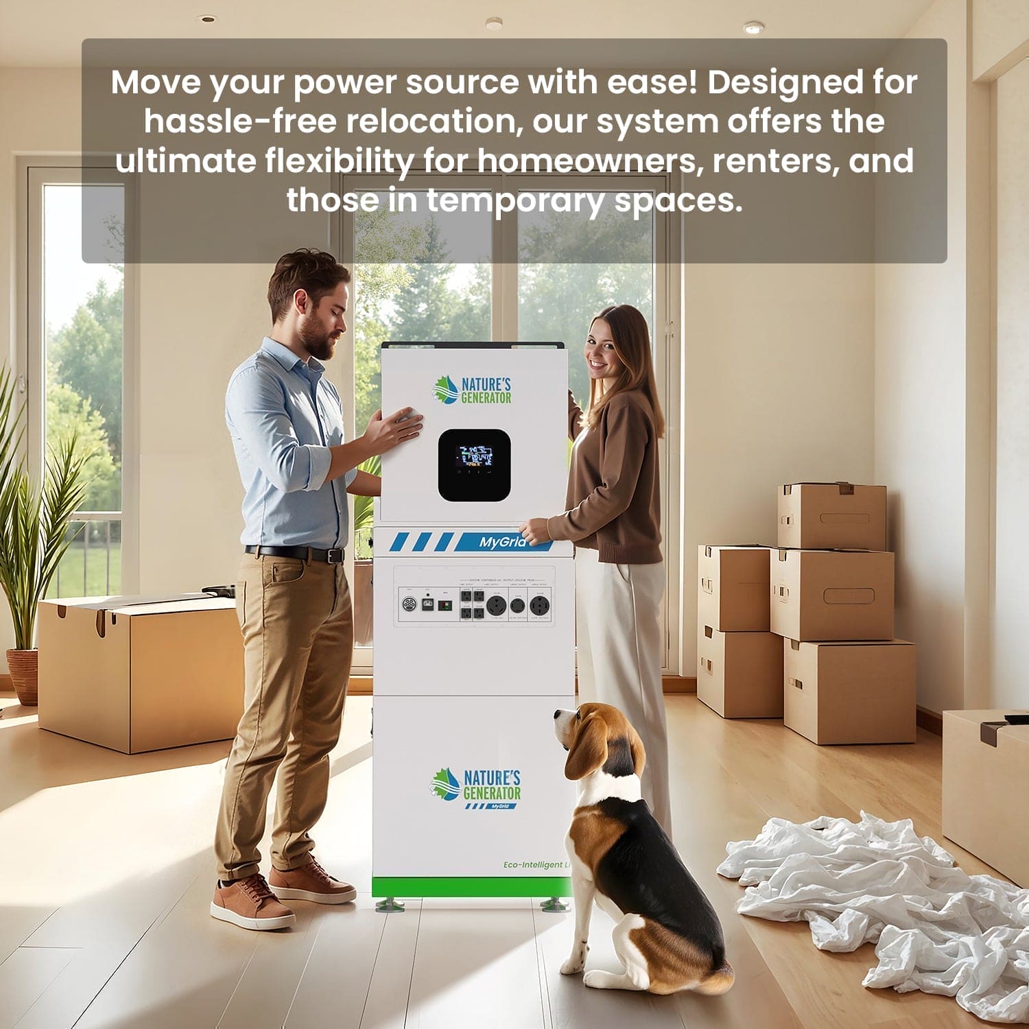 A man and woman stand beside a Nature's Generator LiFePO4 battery-powered portable power unit in a room with moving boxes, a dog in the foreground, sunlight streaming through large windows, and folded laundry on the floor. Relocation text is overlaid.