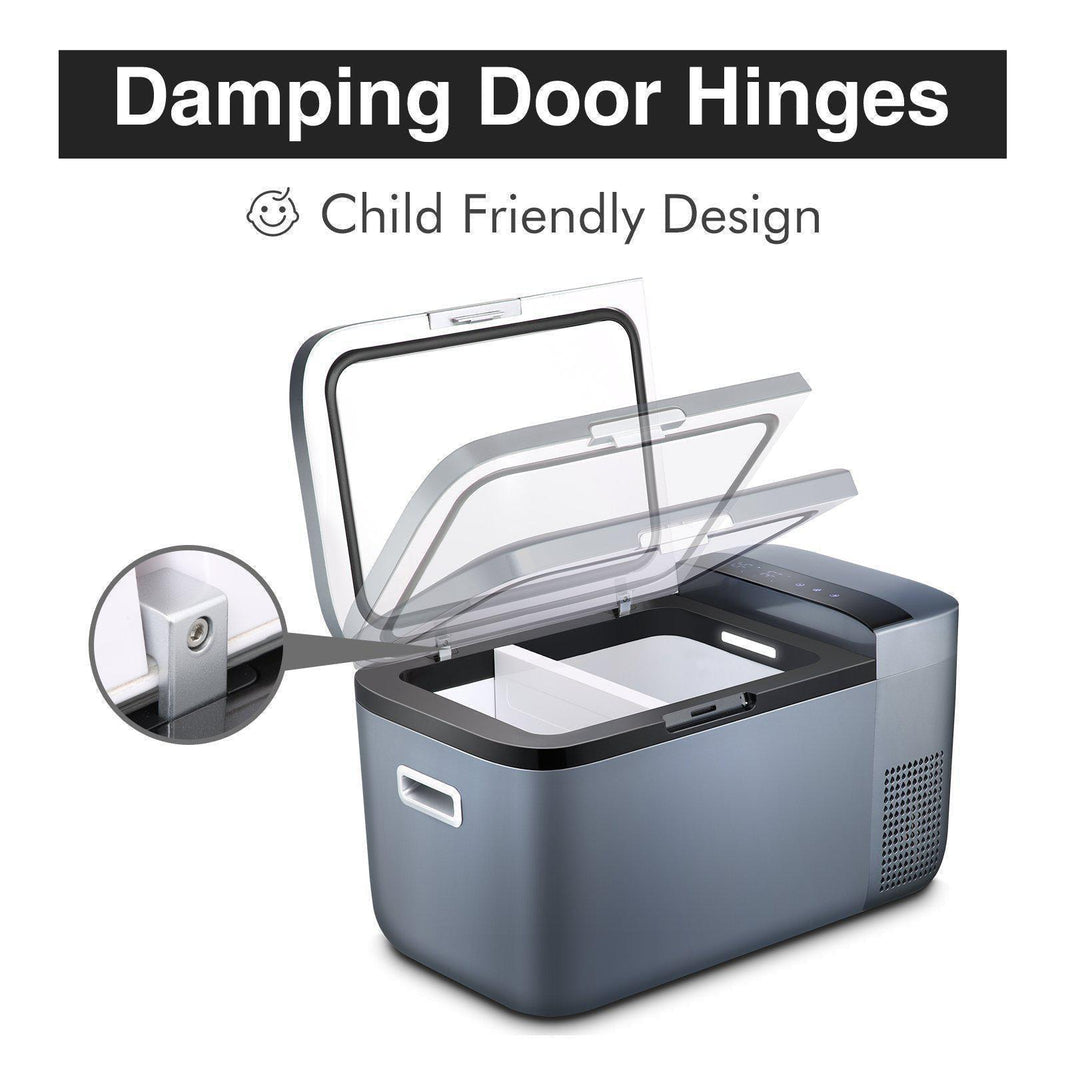 An image of a grey ICECO Wholesale portable fridge with an open lid illustrates its damping door hinges and efficient energy use. The inset shows hinge details and the SECOP compressor, with "Damping Door Hinges" and "Child Friendly Design" text at the top.