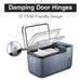 An image of a grey ICECO Wholesale portable fridge with an open lid illustrates its damping door hinges and efficient energy use. The inset shows hinge details and the SECOP compressor, with "Damping Door Hinges" and "Child Friendly Design" text at the top.