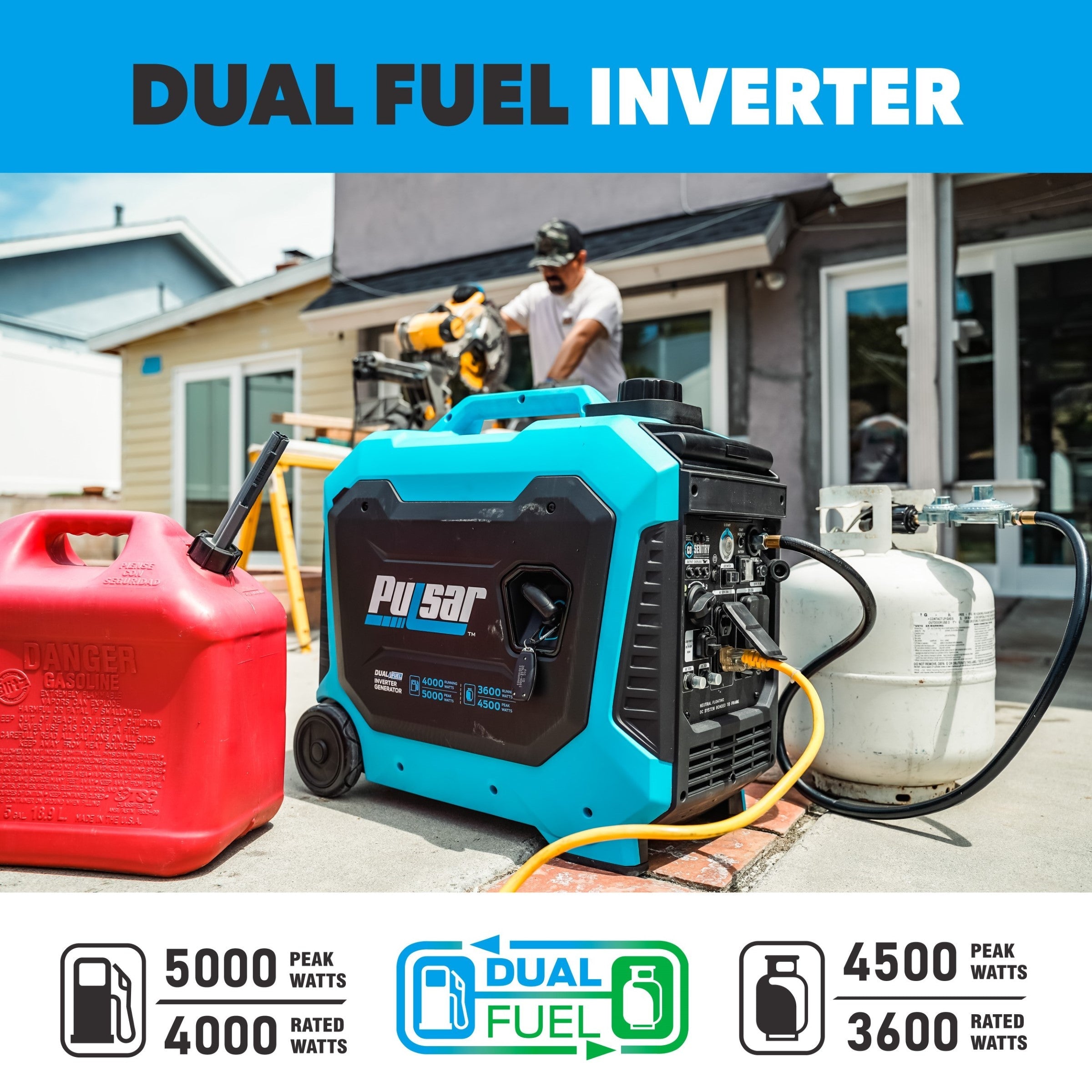 A Pulsar PG5000BiSRCO dual fuel inverter generator, in blue, is set up outside next to a red gas can and a white propane tank as a person stands nearby, showcasing this versatile backup power solution.