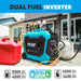 A Pulsar PG5000BiSRCO dual fuel inverter generator, in blue, is set up outside next to a red gas can and a white propane tank as a person stands nearby, showcasing this versatile backup power solution.