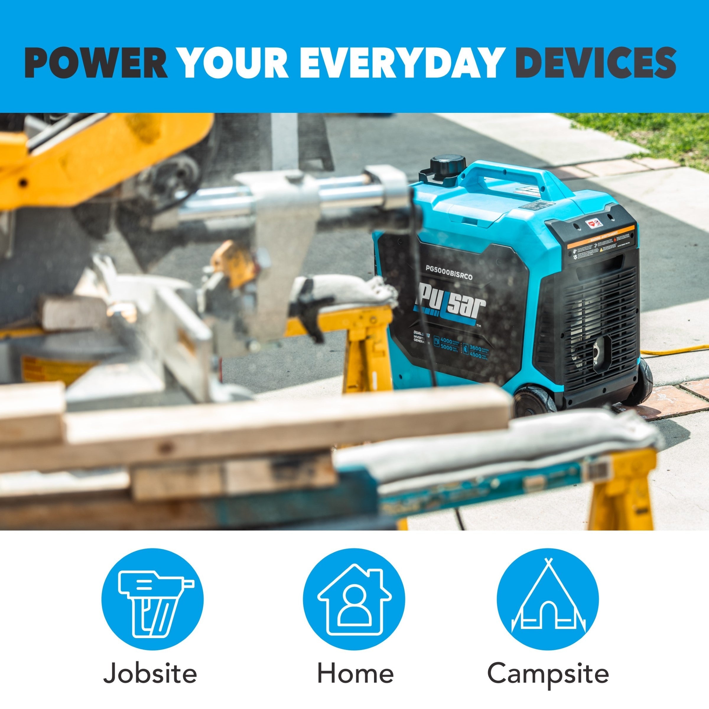 A blue Pulsar dual fuel inverter generator stands outdoors next to a power saw and wooden planks. Above, "Power Your Everyday Devices" appears with icons for Jobsite, Home, and Campsite—ideal for dependable backup power.