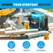 A blue Pulsar dual fuel inverter generator stands outdoors next to a power saw and wooden planks. Above, "Power Your Everyday Devices" appears with icons for Jobsite, Home, and Campsite—ideal for dependable backup power.
