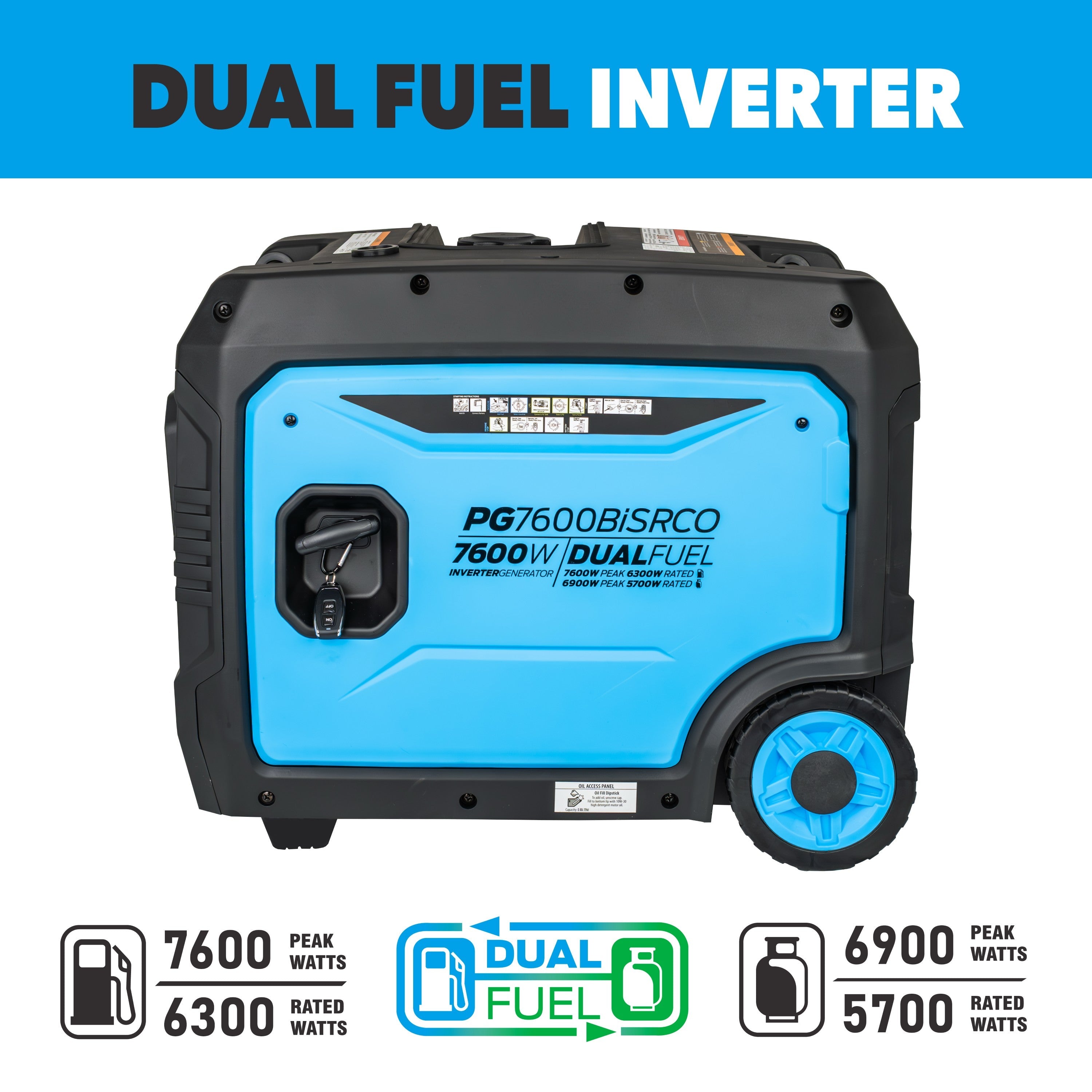 The Pulsar PG7600BiSRCO inverter generator delivers reliable backup power with dual fuel capability, offering 7600 peak/6300 rated watts on gasoline and 6900 peak/5700 rated watts on LPG.