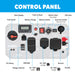 Labeled diagram of the Pulsar PG7600BiSRCO dual fuel inverter generator control panel shows backup power features: fuel switch, data display, AC outlets, USB ports, CO sensor, voltage selector, and ground—all clearly marked.