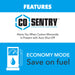 A promotional graphic for the Pulsar PG7600BiSRCO dual fuel inverter generator highlights CO Sentry's carbon monoxide alerts with auto shut-off and features an economy mode for fuel savings, shown with a gas pump icon.