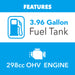 A blue and white graphic highlights Pulsar's PG7600BiSRCO dual fuel inverter generator: a fuel pump icon says "3.96 Gallon Fuel Tank" and a motor icon says "298cc OHV Engine"—perfect for reliable backup power.