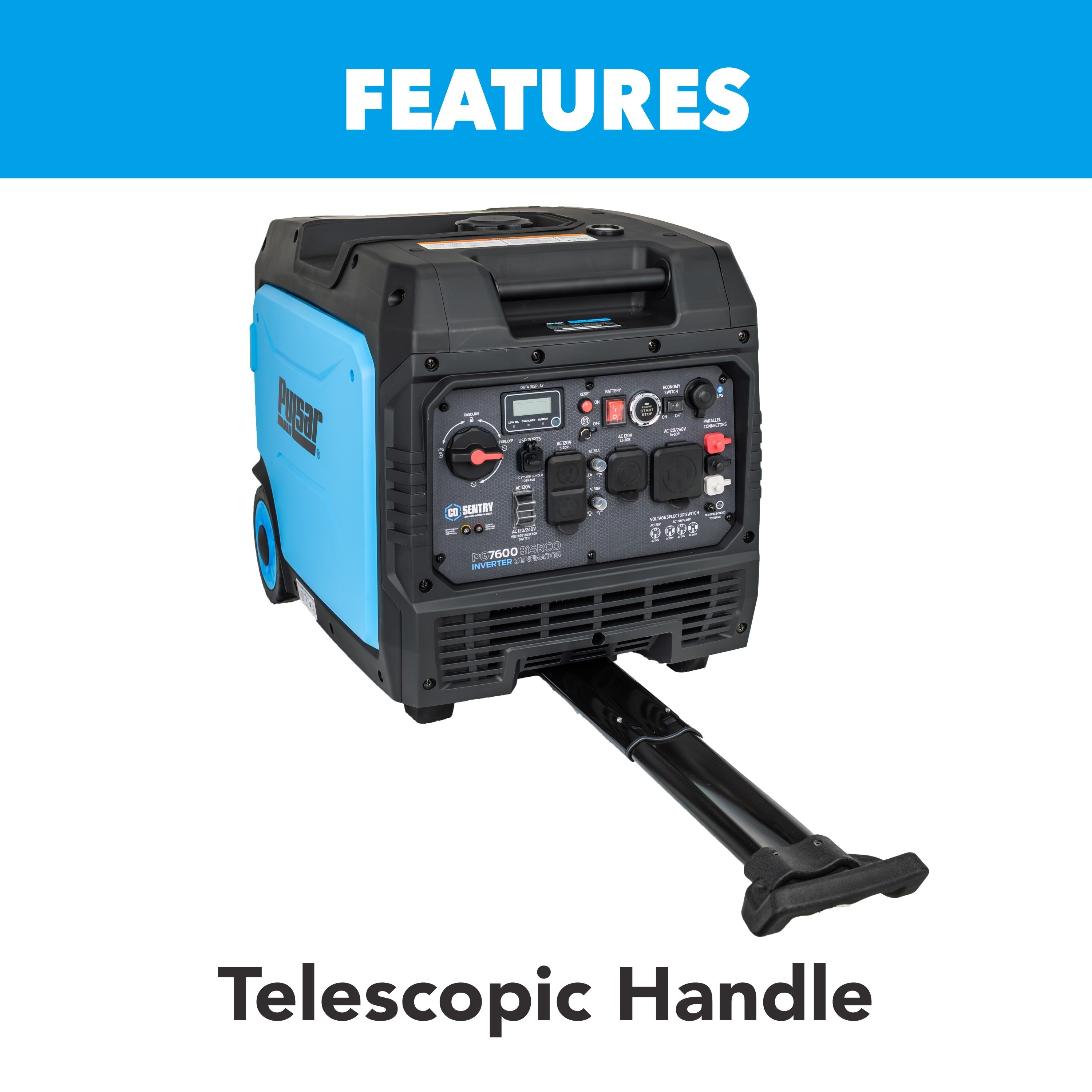 A Pulsar dual fuel inverter generator in blue and black with a fully extended telescopic handle is featured on a white background labeled "FEATURES" at the top and "Telescopic Handle" at the bottom.