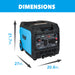 A portable blue and black Pulsar dual fuel inverter generator, measuring 21.7" tall, 27" long, and 20.8" wide. Control panel and wheels visible; "DIMENSIONS" appears at the top—ideal backup power solution.