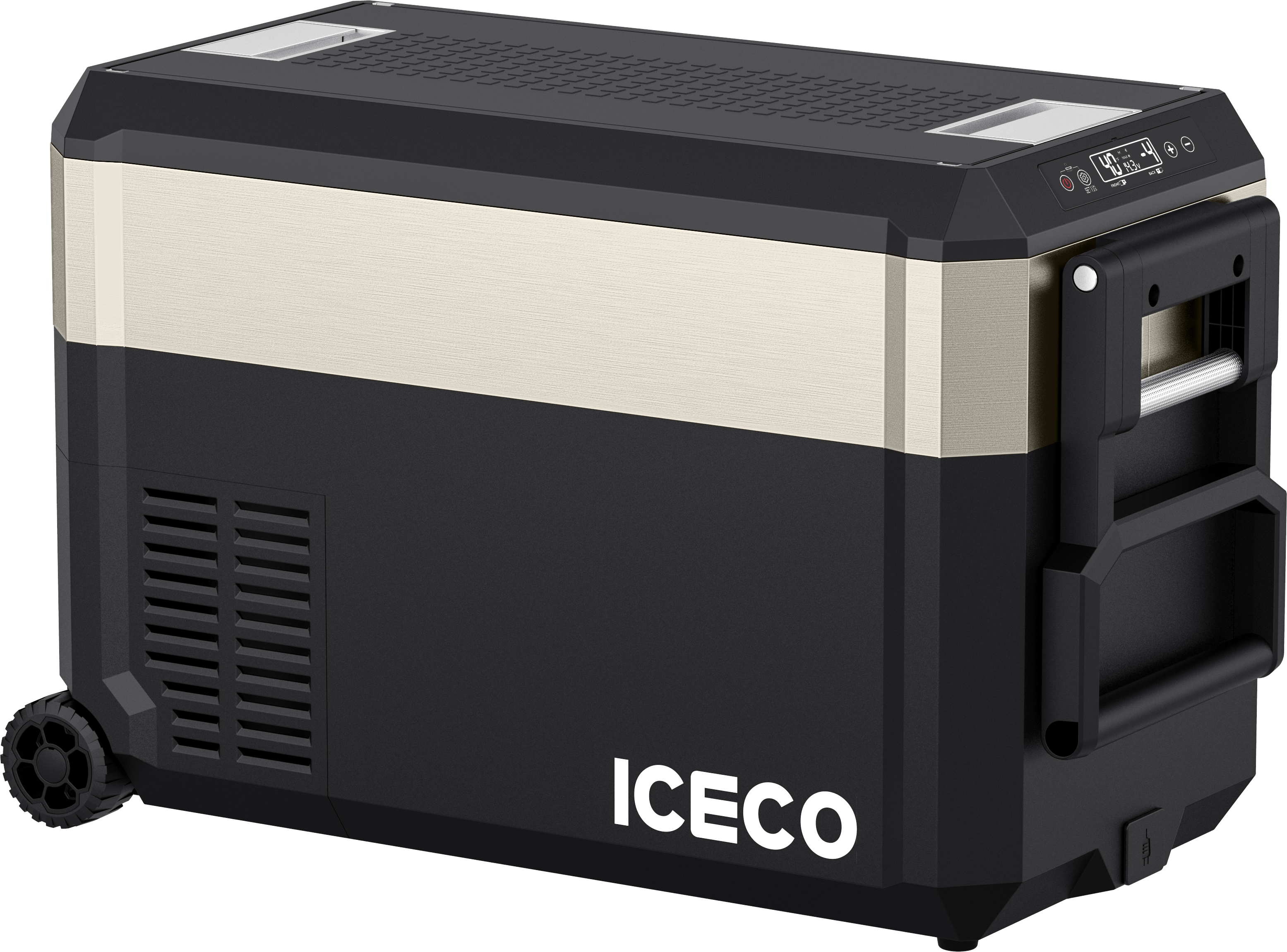 The ICECO Wholesale black and silver portable fridge features a reliable SECOP compressor, digital control panel on top, wheels, and a sturdy handle for easy transport, ensuring convenience on the go.