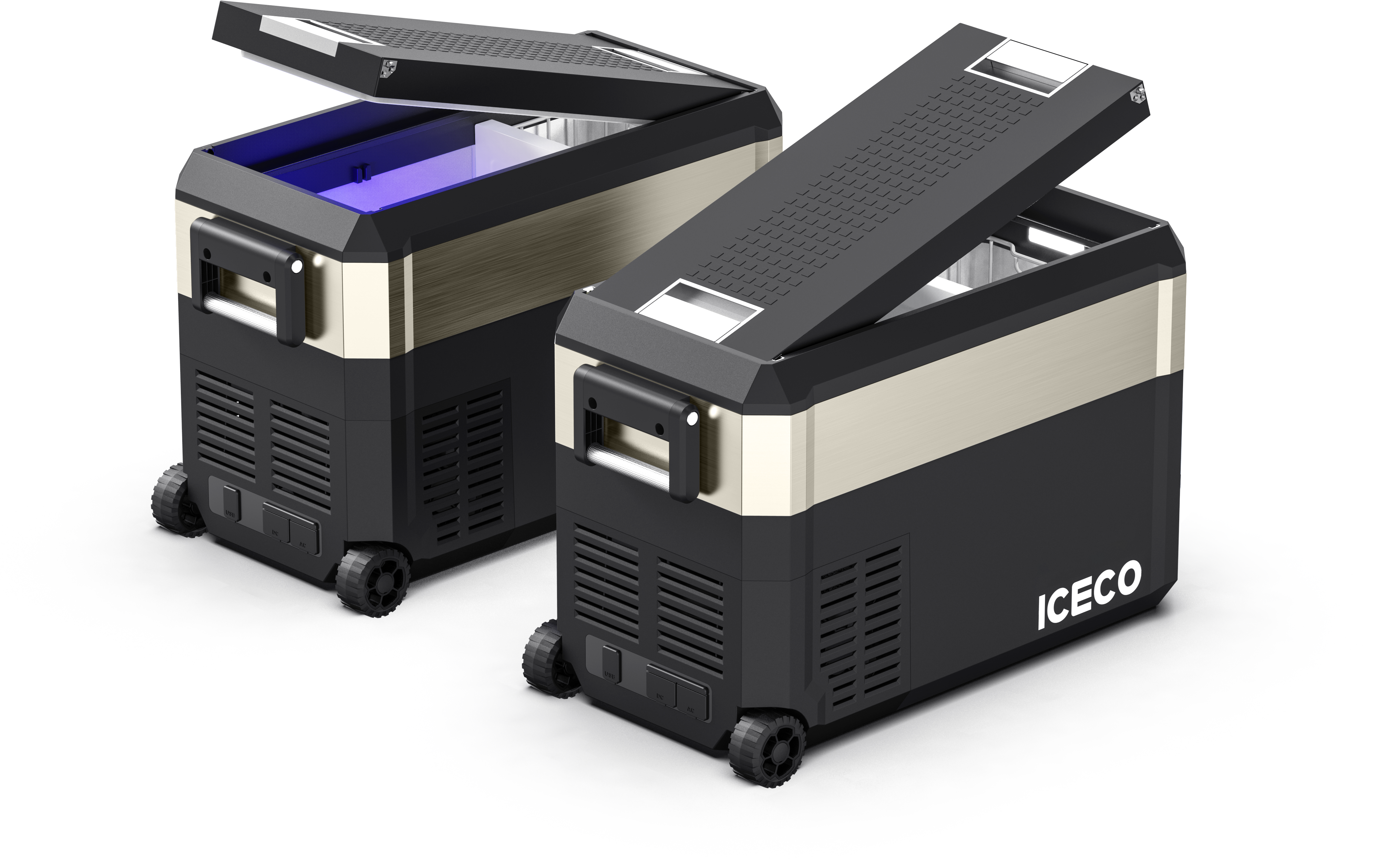 Two black ICECO Wholesale portable refrigerators featuring SECOP compressors and digital displays stand with open lids. With wheels for easy transport, one interior is illuminated in blue by a UV lamp. The JP40 Prod model ensures reliable cooling on the go.