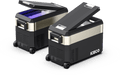 Two black and beige portable coolers with open lids are shown. The left one features a blue interior light and an efficient SECOP compressor. Both coolers have wheels, handles, and display the brand name "ICECO Wholesale" on the side.