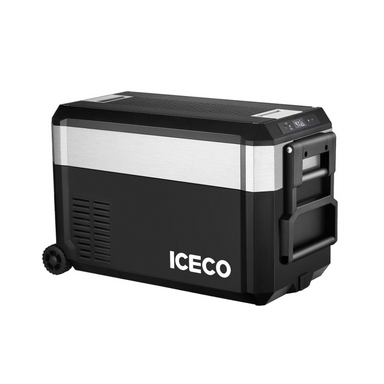 ICECO Wholesale black and silver portable refrigerator with SECOP compressor, digital control panel, handles, ventilation slots, reversible lid, and two wheels for mobility, shown on a plain white background.