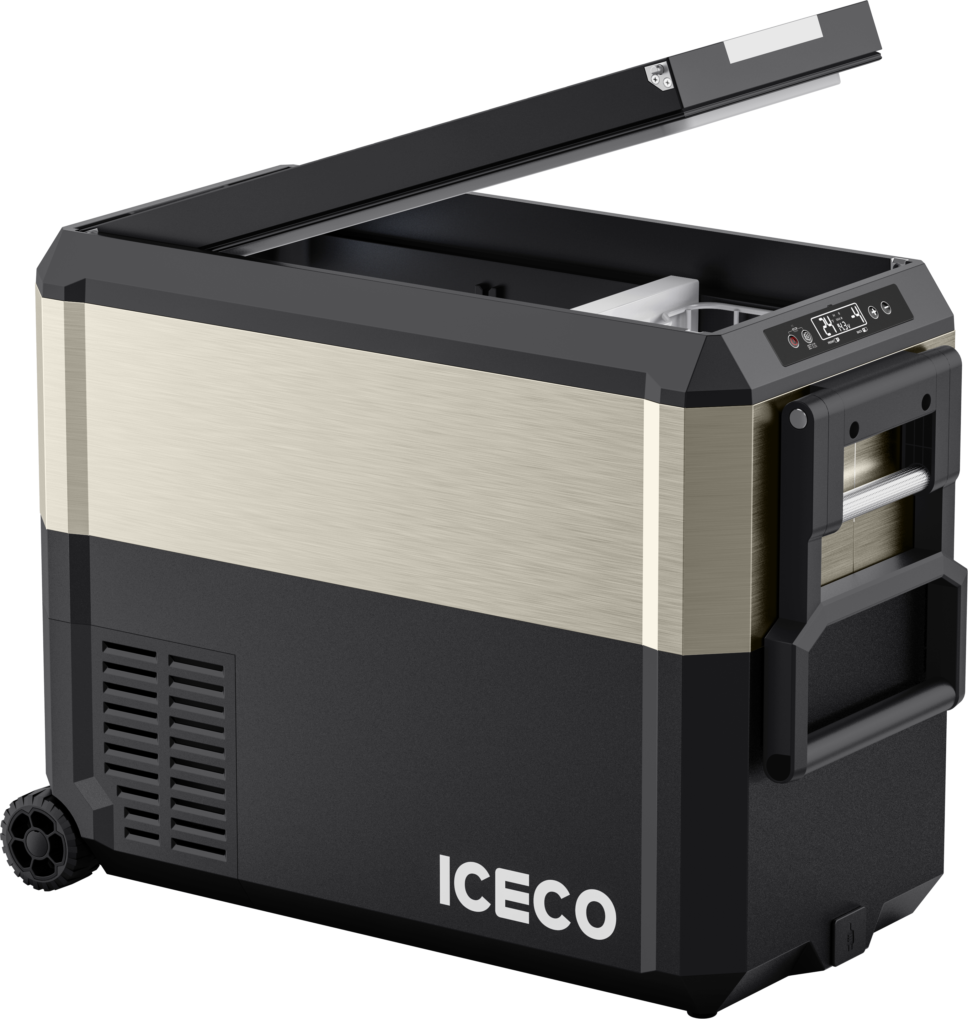 The ICECO Wholesale JP50 Pro portable refrigerator has a partially open lid, showing a digital control panel on the front. It features wheels for mobility and is powered by a reliable SECOP compressor, with the brand name displayed at the bottom.