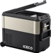 The ICECO Wholesale JP50 Pro portable refrigerator has a partially open lid, showing a digital control panel on the front. It features wheels for mobility and is powered by a reliable SECOP compressor, with the brand name displayed at the bottom.