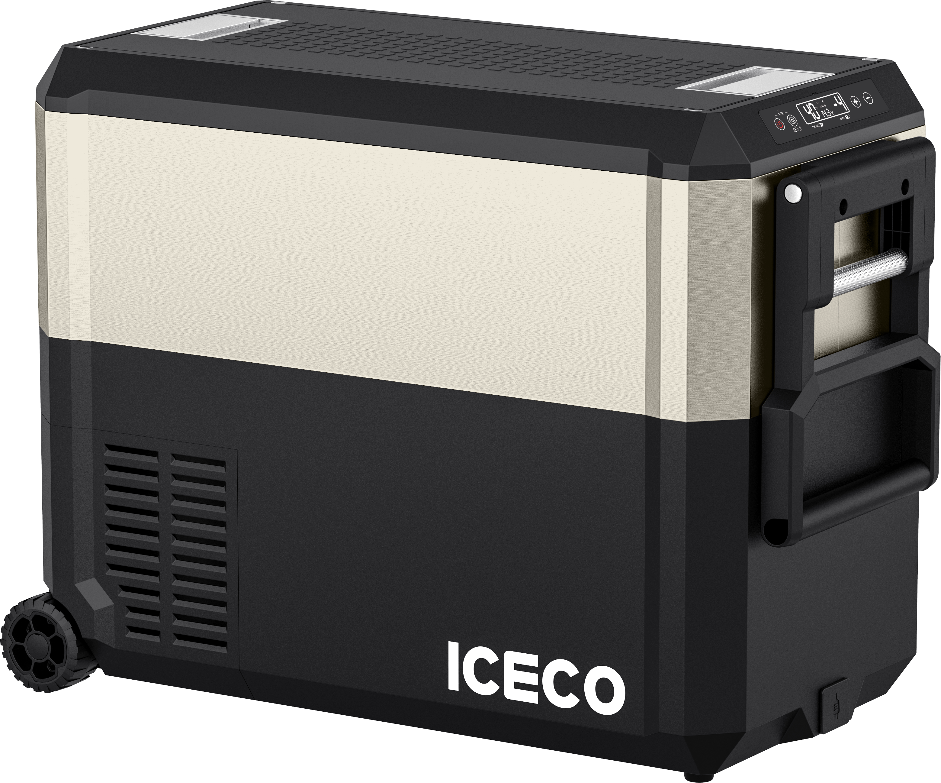 The ICECO Wholesale JP50 Pro is a portable fridge with a stylish black and beige design, wheels, and a handle for easy transport. It offers Bluetooth App Control for convenience, features a top right control panel, and uses an SECOP compressor for superior performance.