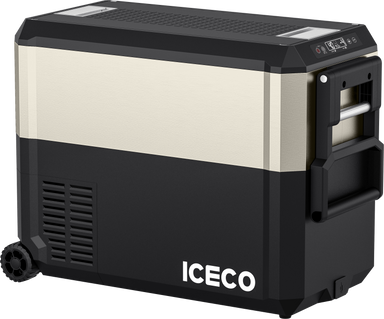 The ICECO Wholesale JP50 Pro is a portable fridge with a stylish black and beige design, wheels, and a handle for easy transport. It offers Bluetooth App Control for convenience, features a top right control panel, and uses an SECOP compressor for superior performance.