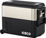 The ICECO Wholesale JP50 Pro is a portable fridge with a stylish black and beige design, wheels, and a handle for easy transport. It offers Bluetooth App Control for convenience, features a top right control panel, and uses an SECOP compressor for superior performance.