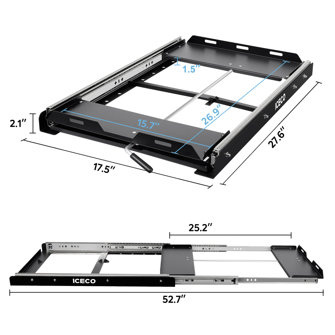 The ICECO Wholesale sliding drawer, with heavy-duty steel rails, features a top section sized at 21.6"x17.5" and inner dimensions of 15.7"x26.9", with a height of 2.1". The bottom section measures 52.7"x25.2", ideal for fitting a portable fridge or mounting slide effectively.