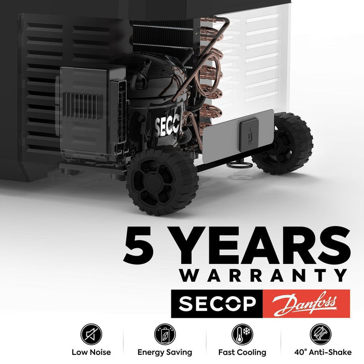 Close-up of a black SECOP compressor unit with wheels, featuring the ICECO Wholesale and Danfoss logos. Highlights include a 5-year warranty, low noise, energy saving, fast cooling, 40° anti-shake features, and Bluetooth app control for enhanced convenience.