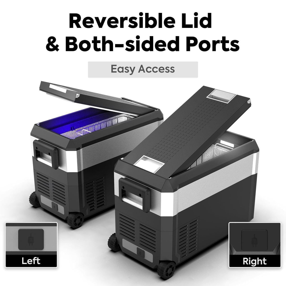 Two ICECO Wholesale portable coolers are side by side, each with its reversible lid open in opposite directions. Above them, text reads “Reversible Lid & Both-sided Ports,” with labels showing left or right opening options.