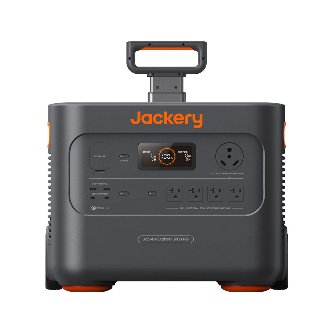 The image showcases a Jackery Explorer 3000 Pro portable power station, featuring an impressive large capacity. Its design is rectangular with a distinctive gray and orange color palette. The front panel includes various buttons, power indicators, and multiple outlet types for ultra-fast charging. Additionally, there is a handle located at the top for easy portability.