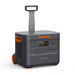 The Jackery Explorer 3000 Pro portable power station in gray and orange offers Ultra Fast Charging capabilities. It includes a variety of outlets, a digital display, and a retractable handle with wheels for easy transportation.