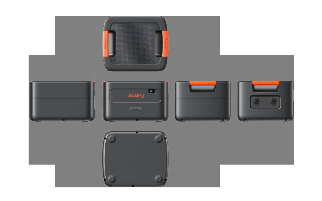 The Jackery Battery Pack 3600 portable power station is shown from six views—sides, top with orange handle, bottom rubber feet, and port-rich front. The "Jackery" brand and its backup power features are clearly displayed.