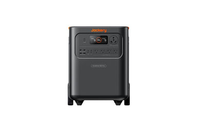 A Jackery portable power station in black, featuring backup power, USB and AC output ports, and a front display screen, displayed against a plain white background.